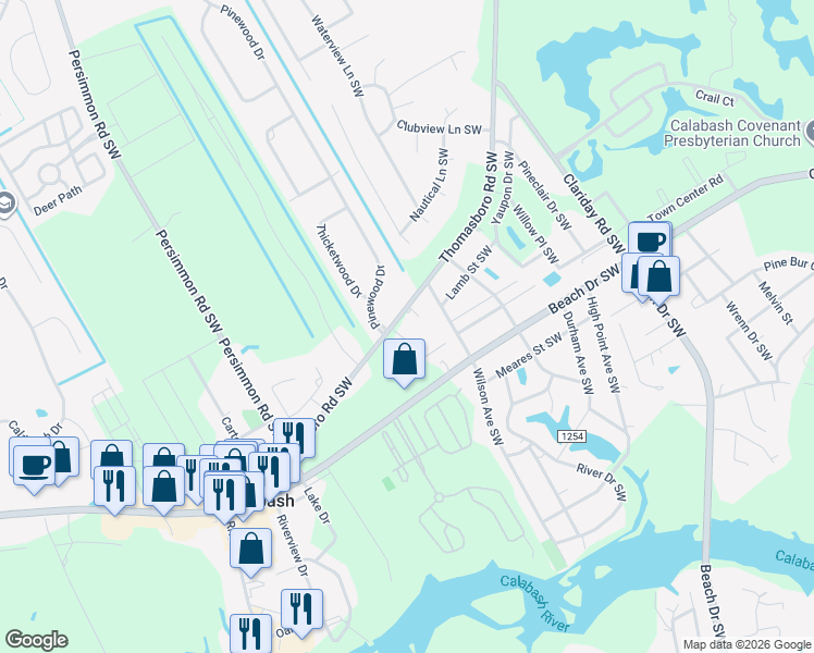 map of restaurants, bars, coffee shops, grocery stores, and more near 1381 Thomasboro Road Southwest in Calabash