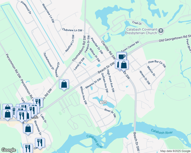 map of restaurants, bars, coffee shops, grocery stores, and more near 9106 Beach Drive Southwest in Calabash