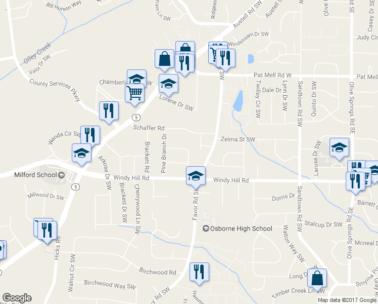 map of restaurants, bars, coffee shops, grocery stores, and more near 2323 Colleen Circle in Marietta