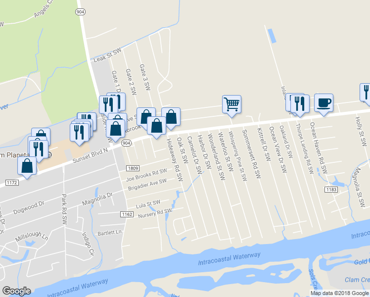 map of restaurants, bars, coffee shops, grocery stores, and more near 1729 Oak St SW in Ocean Isle Beach
