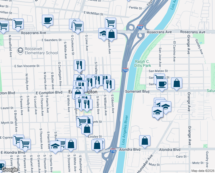 map of restaurants, bars, coffee shops, grocery stores, and more near 4810 East San Luis Street in Compton