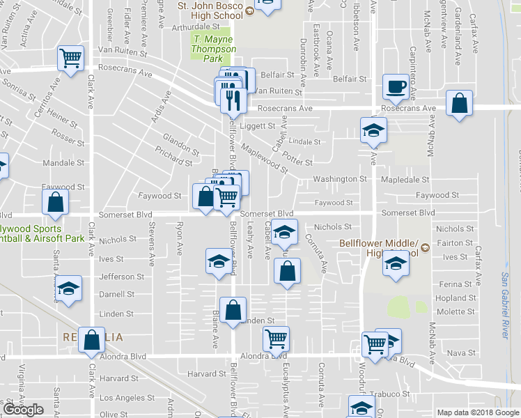 map of restaurants, bars, coffee shops, grocery stores, and more near 9847 Somerset Boulevard in Bellflower