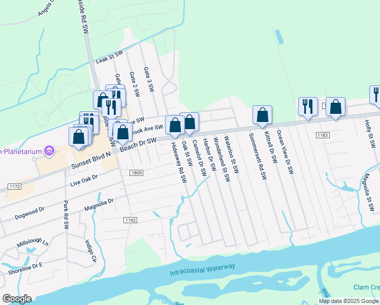 map of restaurants, bars, coffee shops, grocery stores, and more near 1729 Oak Street Southwest in Ocean Isle Beach
