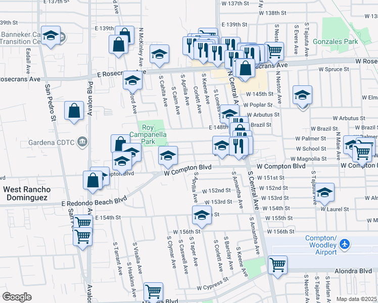 map of restaurants, bars, coffee shops, grocery stores, and more near 1047 East 150th Street in Compton