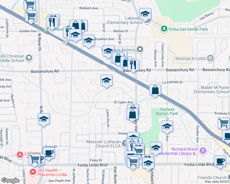 map of restaurants, bars, coffee shops, grocery stores, and more near 17351 Casa Hermosa Drive in Yorba Linda
