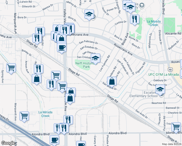 map of restaurants, bars, coffee shops, grocery stores, and more near 14466 San Bruno Drive in La Mirada