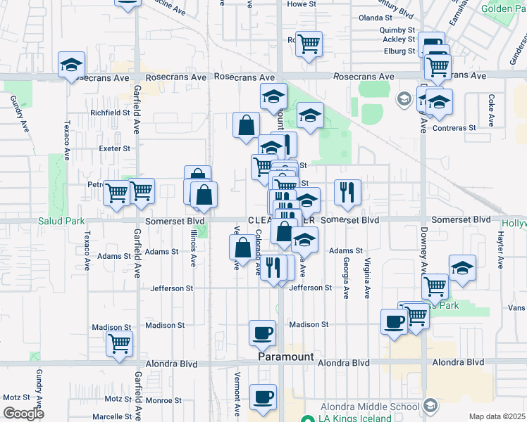 map of restaurants, bars, coffee shops, grocery stores, and more near 7901 Somerset Boulevard in Paramount