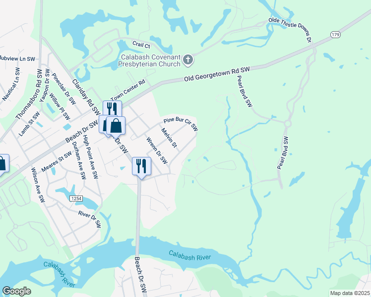 map of restaurants, bars, coffee shops, grocery stores, and more near 1169 Pine Bur Circle Southwest in Sunset Beach