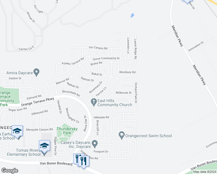 map of restaurants, bars, coffee shops, grocery stores, and more near 8476 Yarrow Lane in Riverside