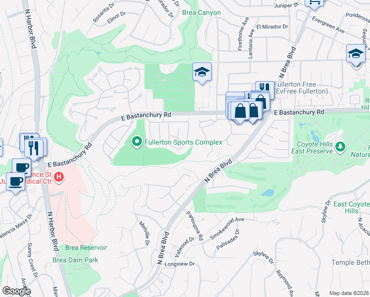 map of restaurants, bars, coffee shops, grocery stores, and more near 2516 Pearblossom Street in Fullerton