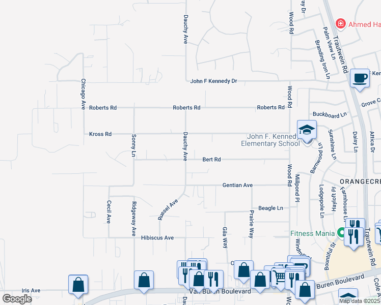 map of restaurants, bars, coffee shops, grocery stores, and more near 18560 Bert Road in Riverside