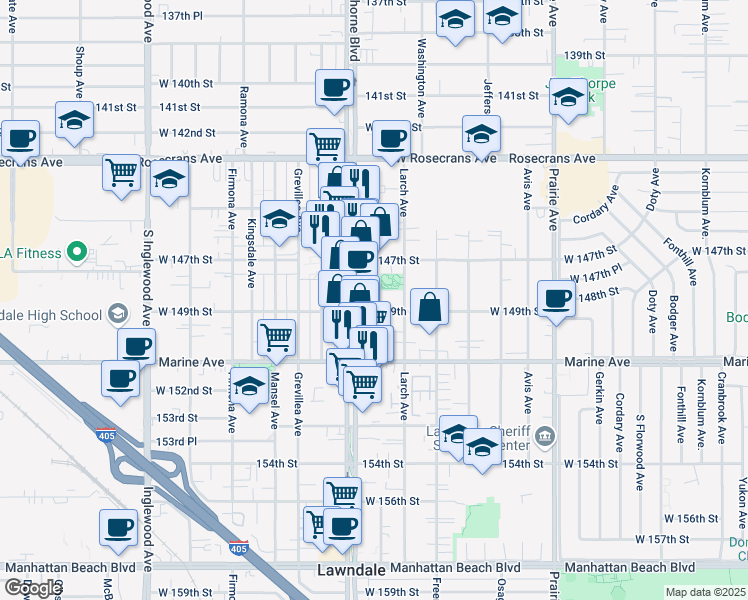 map of restaurants, bars, coffee shops, grocery stores, and more near 14814 Hawthorne Boulevard in Lawndale