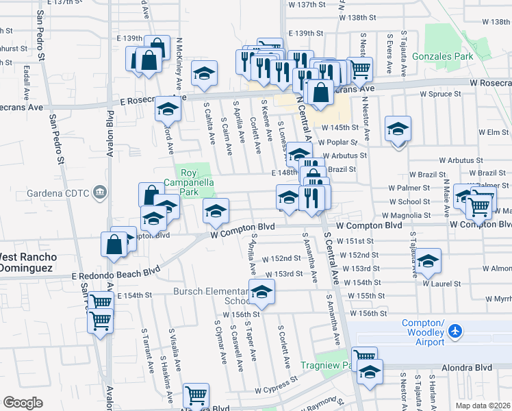 map of restaurants, bars, coffee shops, grocery stores, and more near 1109 East 150th Street in Compton
