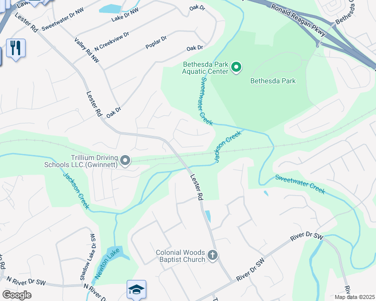 map of restaurants, bars, coffee shops, grocery stores, and more near 3680 Sugarbrook Drive in Lawrenceville