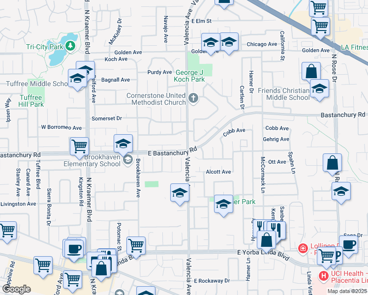 map of restaurants, bars, coffee shops, grocery stores, and more near 550 Michel Place in Placentia