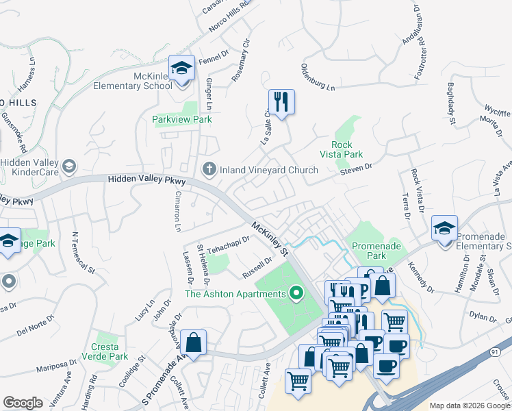 map of restaurants, bars, coffee shops, grocery stores, and more near 2211 Mira Monte Street in Corona