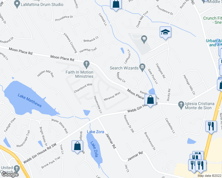 map of restaurants, bars, coffee shops, grocery stores, and more near 713 Grassmeade Way in Snellville