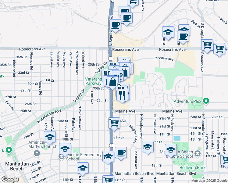 map of restaurants, bars, coffee shops, grocery stores, and more near 2910 North Sepulveda Boulevard in Manhattan Beach