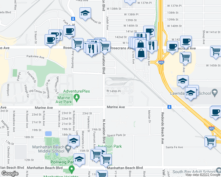 map of restaurants, bars, coffee shops, grocery stores, and more near 5507 West 149th Place in Hawthorne
