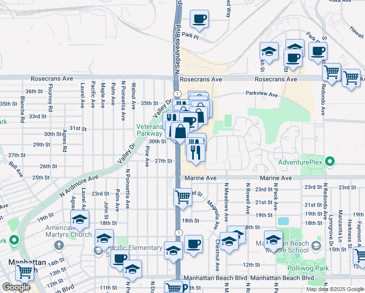 map of restaurants, bars, coffee shops, grocery stores, and more near 2910 North Sepulveda Boulevard in Manhattan Beach