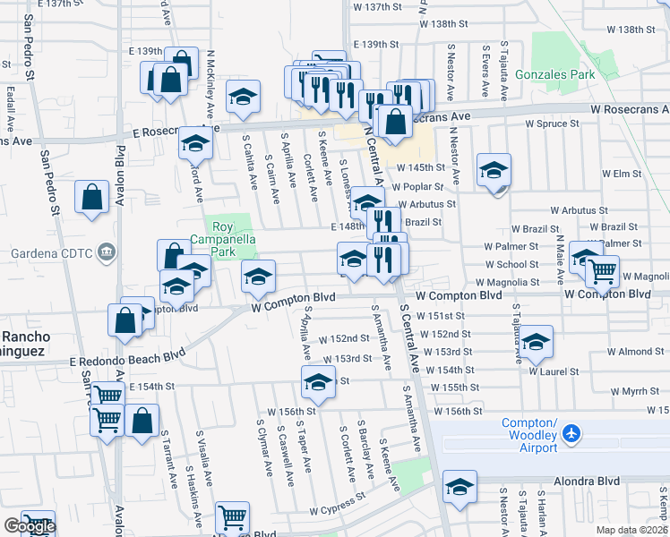 map of restaurants, bars, coffee shops, grocery stores, and more near 1143 East 150th Street in Compton