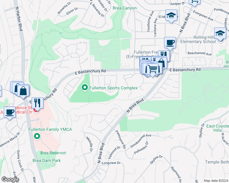map of restaurants, bars, coffee shops, grocery stores, and more near 2516 Pearblossom Street in Fullerton