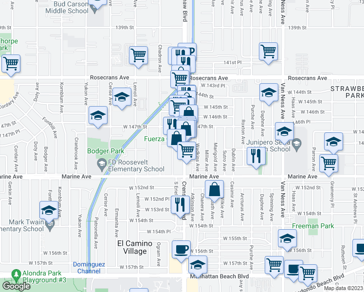 map of restaurants, bars, coffee shops, grocery stores, and more near 14815 Crenshaw Boulevard in Gardena