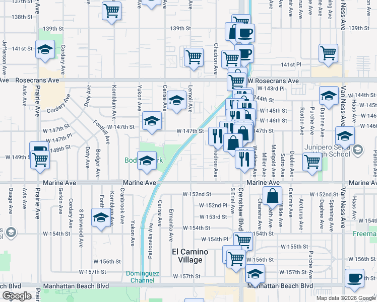 map of restaurants, bars, coffee shops, grocery stores, and more near Lemoli Avenue in Gardena