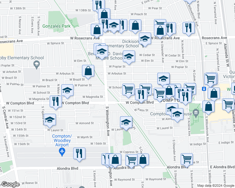 map of restaurants, bars, coffee shops, grocery stores, and more near 130 North Magnolia Court in Compton