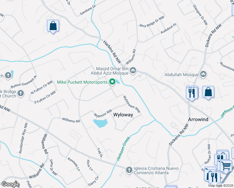 map of restaurants, bars, coffee shops, grocery stores, and more near 5523 Wylstream Way in Norcross