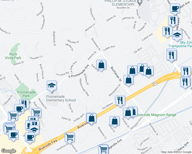 map of restaurants, bars, coffee shops, grocery stores, and more near 2965 Hampshire Circle in Corona