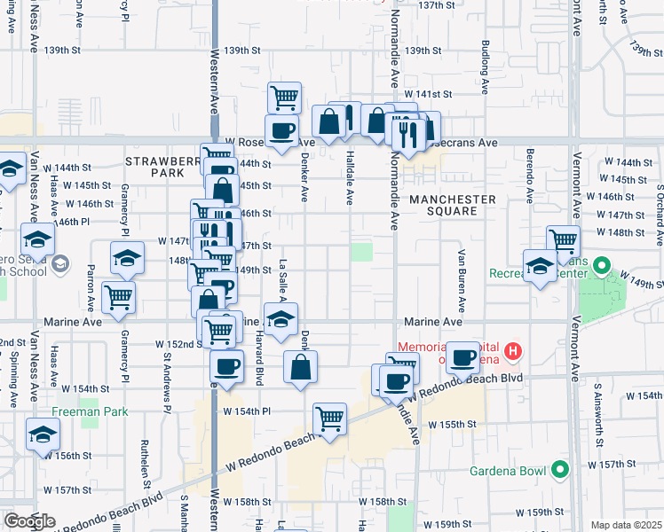 map of restaurants, bars, coffee shops, grocery stores, and more near 14816 Kingsley Drive in Gardena
