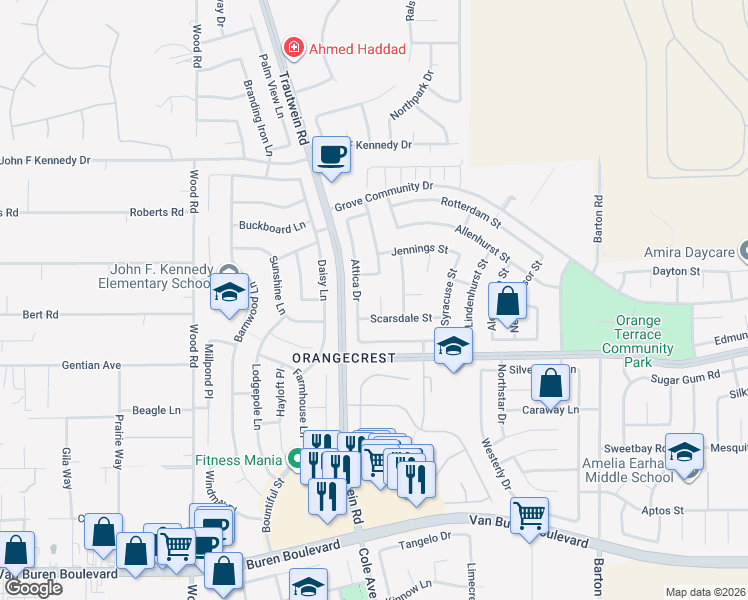 map of restaurants, bars, coffee shops, grocery stores, and more near 8448 Attica Drive in Riverside