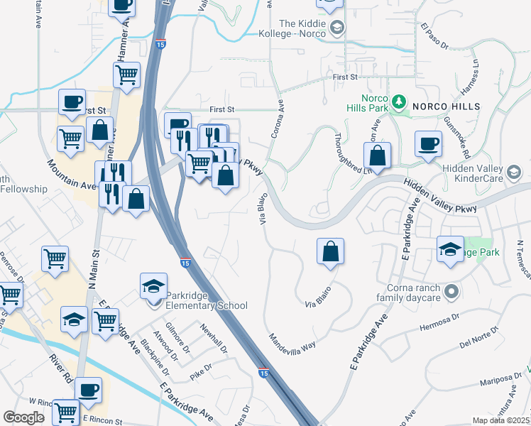 map of restaurants, bars, coffee shops, grocery stores, and more near 775 Vía Blairo in Corona