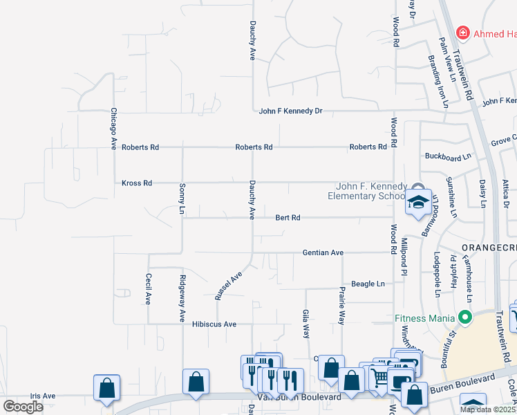 map of restaurants, bars, coffee shops, grocery stores, and more near 18560 Bert Road in Riverside