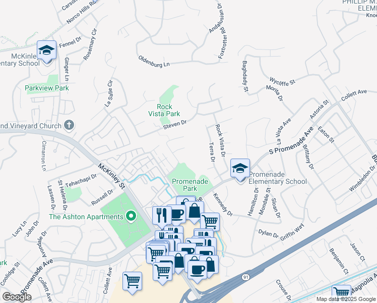 map of restaurants, bars, coffee shops, grocery stores, and more near 2416 Simon Circle in Corona