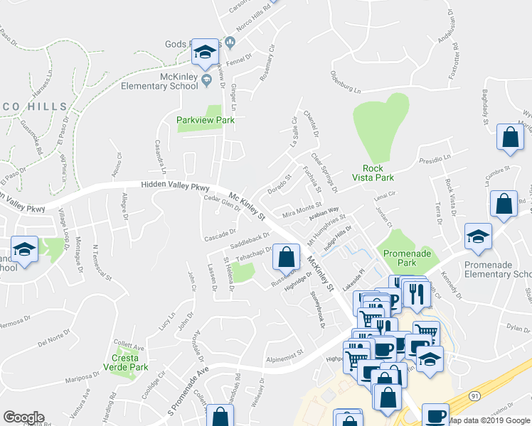map of restaurants, bars, coffee shops, grocery stores, and more near 2169 Cedar Glen Circle in Corona