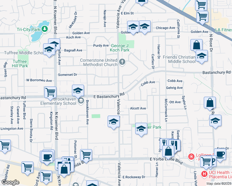 map of restaurants, bars, coffee shops, grocery stores, and more near 550 Michel Place in Placentia
