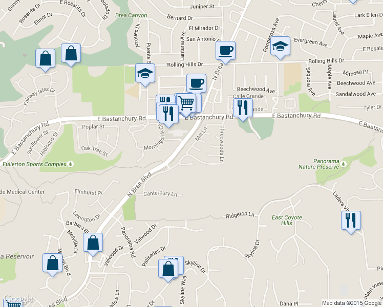 map of restaurants, bars, coffee shops, grocery stores, and more near 2505 Mill Lane in Fullerton