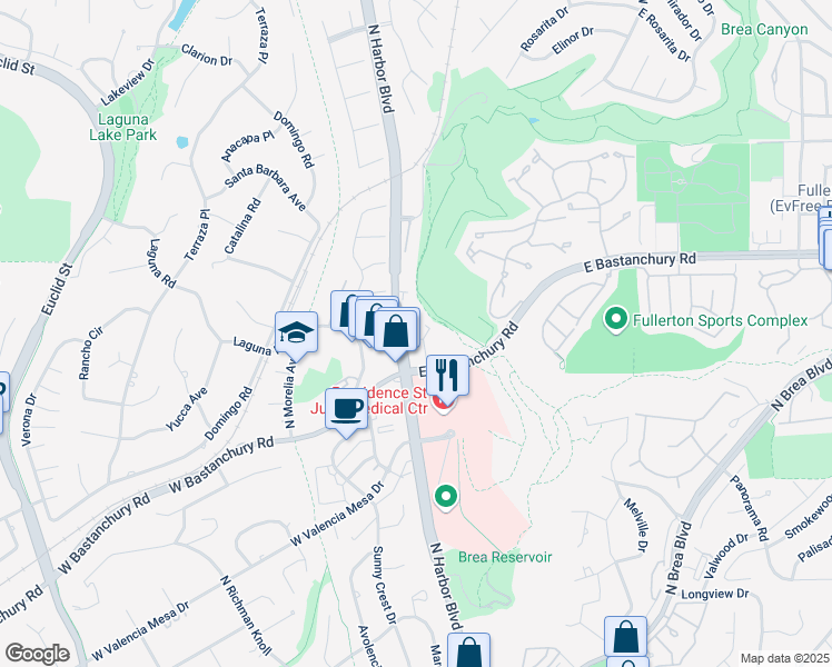 map of restaurants, bars, coffee shops, grocery stores, and more near 2222 North Harbor Boulevard in Fullerton