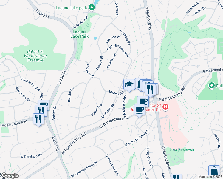 map of restaurants, bars, coffee shops, grocery stores, and more near 500 Miguel Place in Fullerton