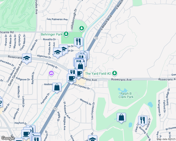 map of restaurants, bars, coffee shops, grocery stores, and more near 14754 Beach Boulevard in La Mirada