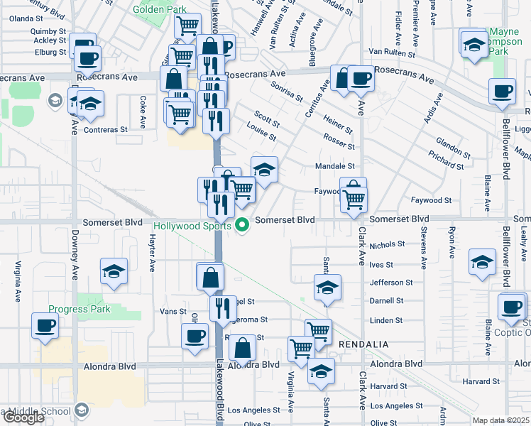 map of restaurants, bars, coffee shops, grocery stores, and more near 14955 1/2 Bayou Avenue in Bellflower