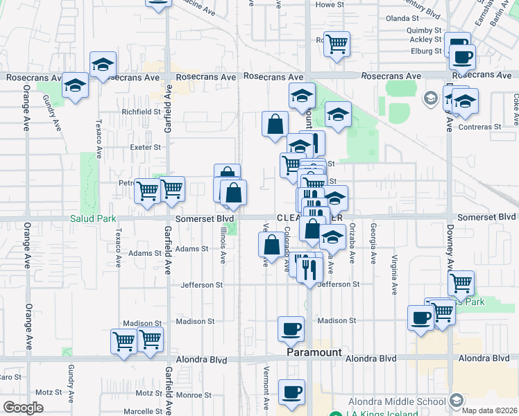 map of restaurants, bars, coffee shops, grocery stores, and more near in Paramount