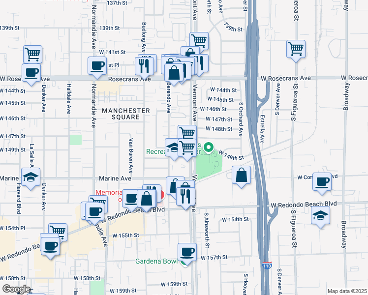 map of restaurants, bars, coffee shops, grocery stores, and more near 14813 Vermont Avenue in Gardena