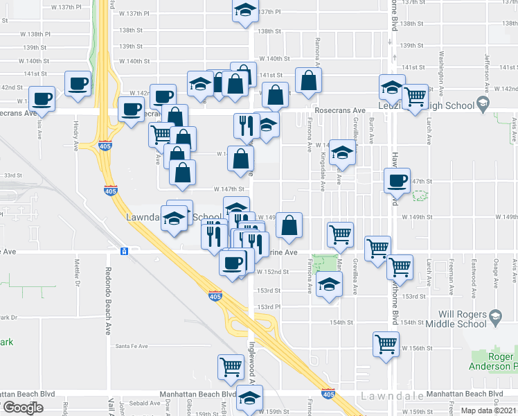 map of restaurants, bars, coffee shops, grocery stores, and more near 14808 Inglewood Avenue in Lawndale