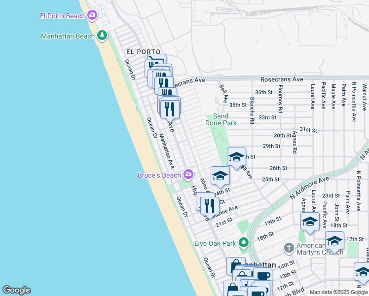 map of restaurants, bars, coffee shops, grocery stores, and more near 3016 Highland Avenue in Manhattan Beach
