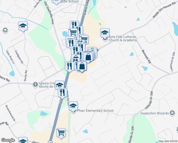 map of restaurants, bars, coffee shops, grocery stores, and more near 1455 Timberlane Road in Lawrenceville