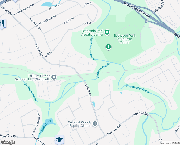 map of restaurants, bars, coffee shops, grocery stores, and more near 3620 Sugarbrook Drive in Lawrenceville