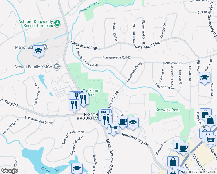 map of restaurants, bars, coffee shops, grocery stores, and more near 1539 Park Creek Cove Northeast in Atlanta